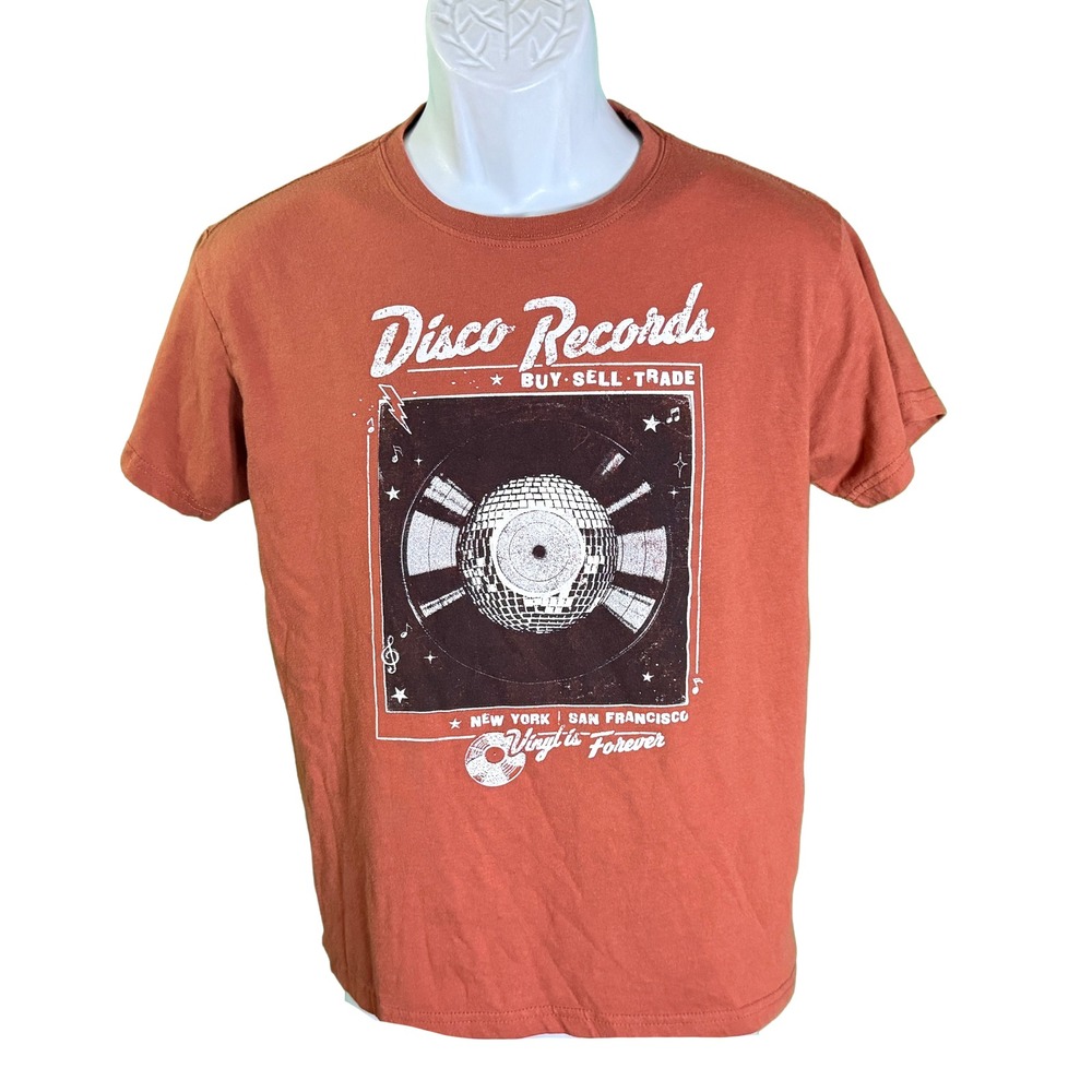 Mighty Fine Graphic Tee Womens Medium Orange Disco Records Vinyl Retro T-Shirt